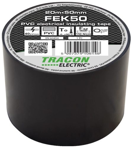 Tracon, FEK50, szigetelőszalag, fekete, 20 m x 50 mm, PVC, 0-90°C Tracon (FEK50)