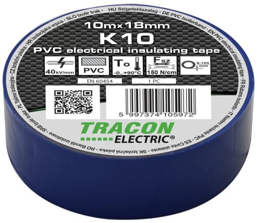 Tracon, K10, szigetelőszalag, kék, 10 m x 18 mm, PVC, 0-90°C Tracon (K10)