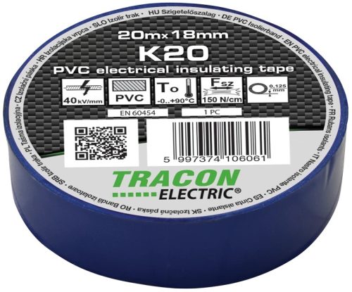 Tracon, K20, szigetelőszalag, kék, 20 m x 18 mm, PVC, 0-90°C Tracon (K20)