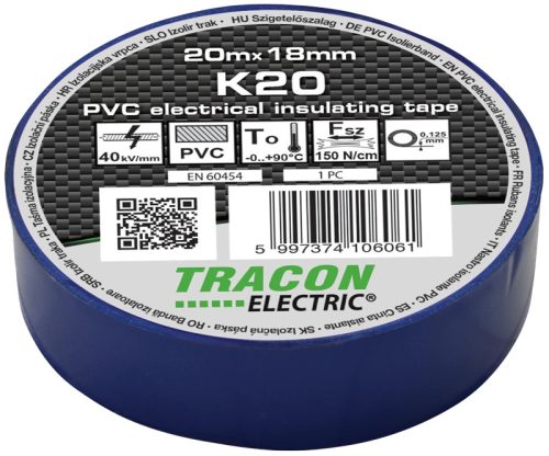 Tracon K20, szigetelőszalag, kék, 20 m x 18 mm, PVC, 0-90°C Tracon (K20)