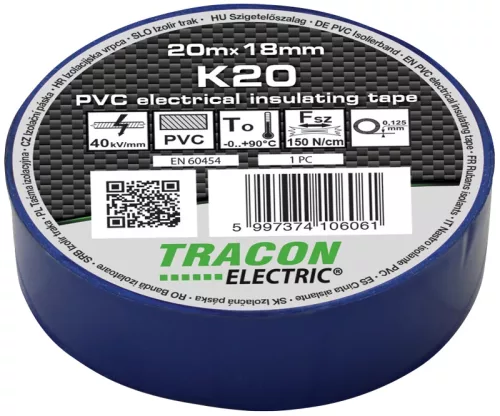 Tracon K20 PVC szigetelőszalag kék 20m 18mm