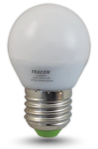 Tracon, LG454W, LED-es fényforrás, ( kisgömb alakú ) 4W-os teljesítményű, E27 foglalattal, 2700K-es színhőmérsékletü, SMD LED ( 250 lm ) Tracon ( LG454W )