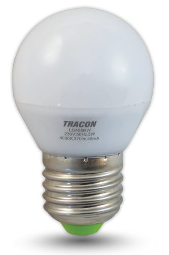 Tracon, LG455NW, LED-es fényforrás, ( kisgömb alakú ) 5W-os teljesítményű, E27 foglalattal, 4000K-es színhőmérsékletü, SMD LED ( 370 lm ) Tracon ( LG455NW )