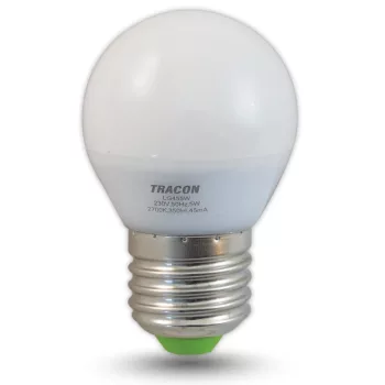   Tracon, LG455W, LED-es fényforrás, ( kisgömb alakú ) 5W-os teljesítményű, E27 foglalattal, 2700K-es színhőmérsékletü, SMD LED ( 350 lm ) Tracon ( LG455W )
