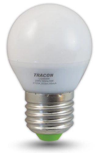 Tracon, LG455W, LED-es fényforrás, ( kisgömb alakú ) 5W-os teljesítményű, E27 foglalattal, 2700K-es színhőmérsékletü, SMD LED ( 350 lm ) Tracon ( LG455W )