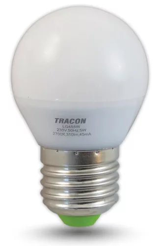 Tracon, LG455W, LED-es fényforrás, ( kisgömb alakú ) 5W-os teljesítményű, E27 foglalattal, 2700K-es színhőmérsékletü, SMD LED ( 350 lm ) Tracon ( LG455W )