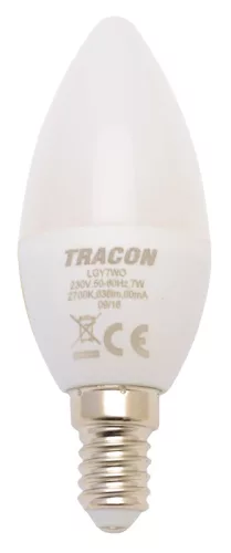 Tracon, LGY7NW, LED-es fényforrás, ( gyertya alakú )7W-os teljesítményű, E14 foglalattal, 4000K-es színhőmérsékletü, SMD LED ( 500 lm ) Tracon ( LGY7NW )