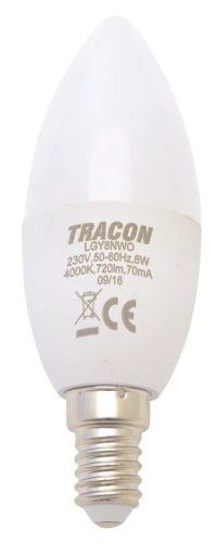 Tracon, LGY8NW, LED-es fényforrás, ( gyertya alakú )8W-os teljesítményű, E14 foglalattal, 4000K-es színhőmérsékletü, SMD LED ( 570 lm ) Tracon ( LGY8NW )