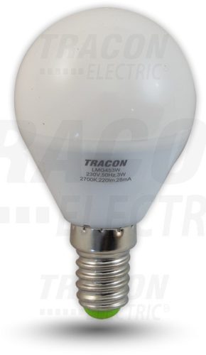 Tracon, LMG453W, LED-es fényforrás, ( kisgömb alakú ) 3W-os teljesítményű, E14 foglalattal, 2700K-es színhőmérsékletü, SMD LED ( 220 lm ) Tracon ( LMG453W )