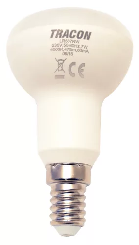 Tracon, LR507W, LED-es fényforrás, ( reflektor típusú )7W-os teljesítményű, E14 foglalattal, 2700K-es színhőmérsékletü, SMD LED ( 470 lm ) Tracon ( LR507W )