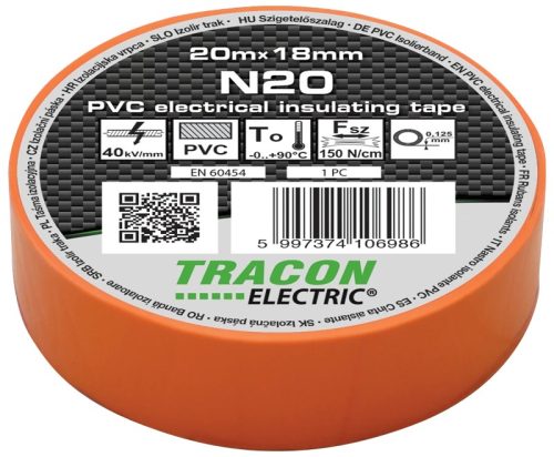 Tracon, N20, szigetelőszalag, narancs, 20 m x 18 mm, PVC, 0-90°C Tracon (N20)