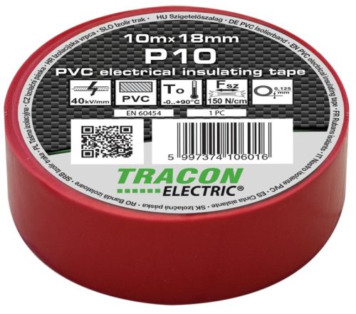 Tracon, P10, szigetelőszalag, piros, 10 m x 18 mm, PVC, 0-90°C Tracon (P10)