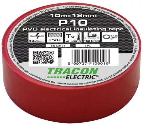 Tracon P10 PVC szigetelőszalag piros 10m 18mm