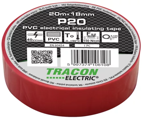 Tracon P20 (10db/csomag) szigetelőszalag, piros, 20 m x 18 mm, PVC, 0-90°C Tracon (P20)