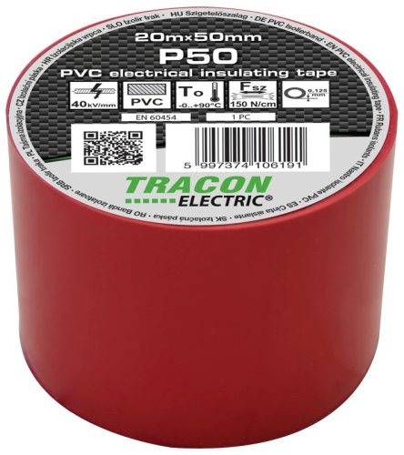 Tracon, P50, szigetelőszalag, piros, 20 m x 50 mm, PVC, 0-90°C Tracon (P50)