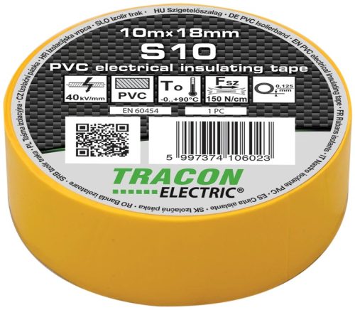 Tracon, S10, szigetelőszalag, sárga, 10 m x 18 mm, PVC, 0-90°C Tracon (S10)