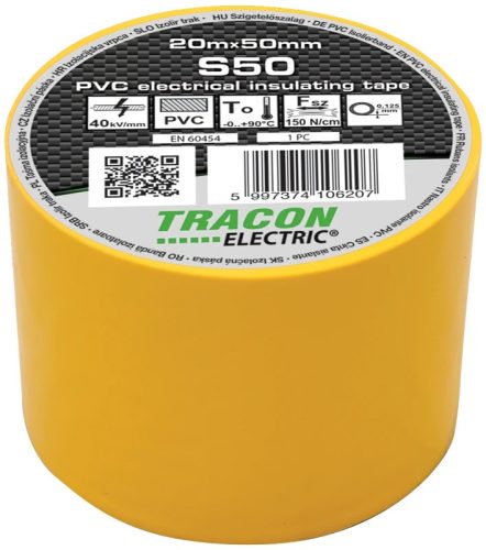 Tracon, S50, szigetelőszalag, sárga, 20 m x 50 mm, PVC, 0-90°C Tracon (S50)