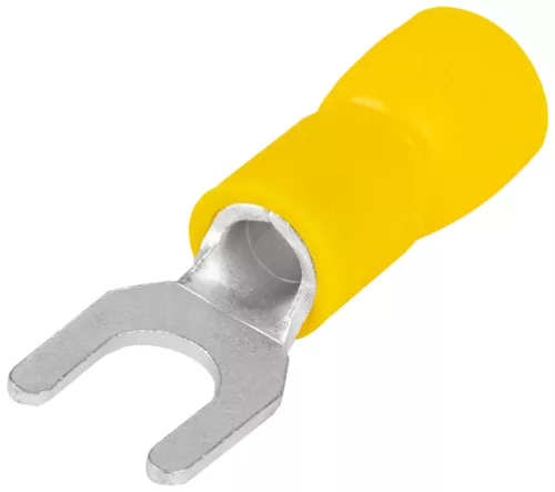 Tracon SV6 szigetelt villássaru, 6mm2, M6, (d1=3,4mm, d2=6,4mm), sárga, ónozott elektrolitréz