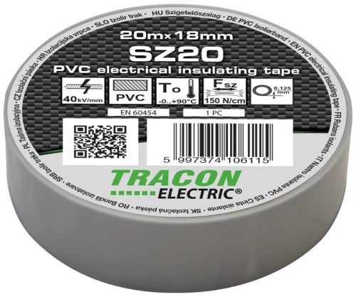 Tracon SZ20 (10db/csomag) szigetelőszalag, szürke, 20 m x 18 mm, PVC, 0-90°C Tracon (SZ20)