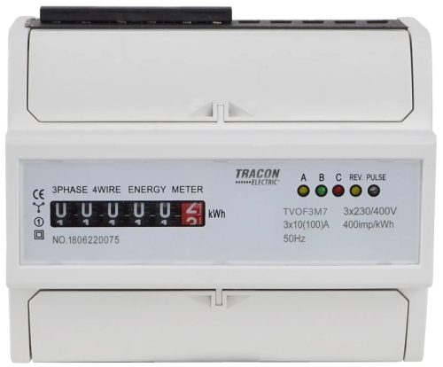 Tracon TVOF3M7 elektromechanikus fogyasztásmérő 3 fázis 10(100)A, 7 modul