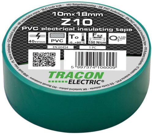Tracon, Z10, szigetelőszalag, zöld, 10 m x 18 mm, PVC, 0-90°C Tracon (Z10)