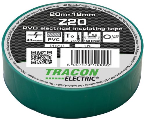Tracon, Z20, szigetelőszalag, zöld, 20 m x 18 mm, PVC, 0-90°C Tracon (Z20)