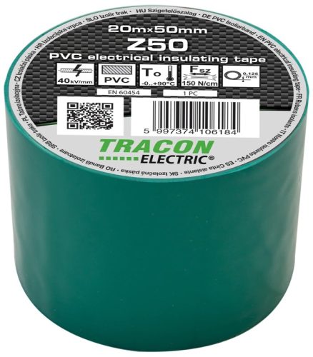 Tracon, Z50, szigetelőszalag, zöld, 20 m x 50 mm, PVC, 0-90°C Tracon (Z50)