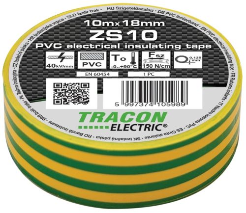 Tracon, ZS10, szigetelőszalag, zöld-sárga, 10 m x 18 mm, PVC, 0-90°C Tracon (ZS10)