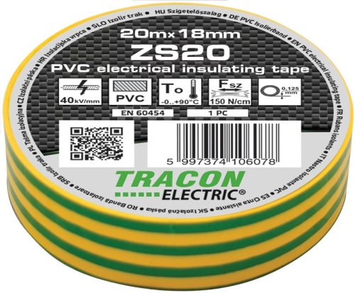 Tracon, ZS20, szigetelőszalag, zöld-sárga, 20 m x 18 mm, PVC, 0-90°C Tracon (ZS20)