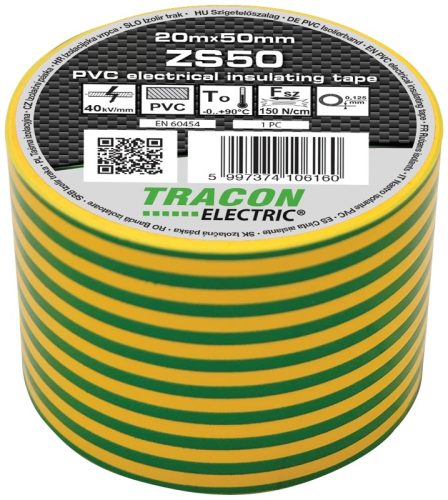 Tracon, ZS50, szigetelőszalag, zöld-sárga, 20 m x 50 mm, PVC, 0-90°C Tracon (ZS50)