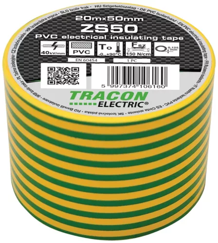 Tracon ZS50 PVC szigetelőszalag zöld-sárga 20m 50mm