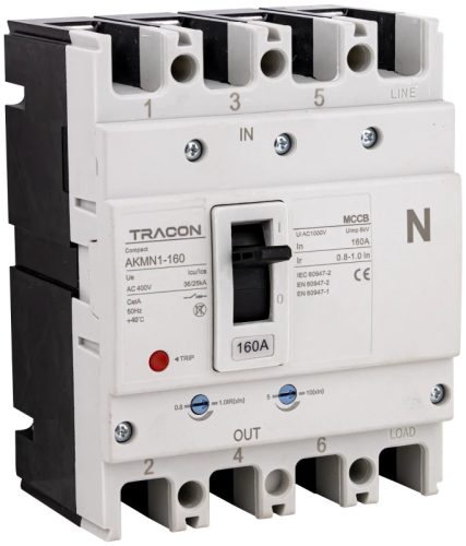 Tracon AKMN1-160 Kompakt megszakító 4P,160A,Ir=(0,8-1,0)In,400/415V, 50/60Hz, Icu=36kA, Ics=25kA