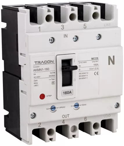 Tracon AKMN1-160 Kompakt megszakító 4P,160A,Ir=(0,8-1,0)In,400/415V, 50/60Hz, Icu=36kA, Ics=25kA