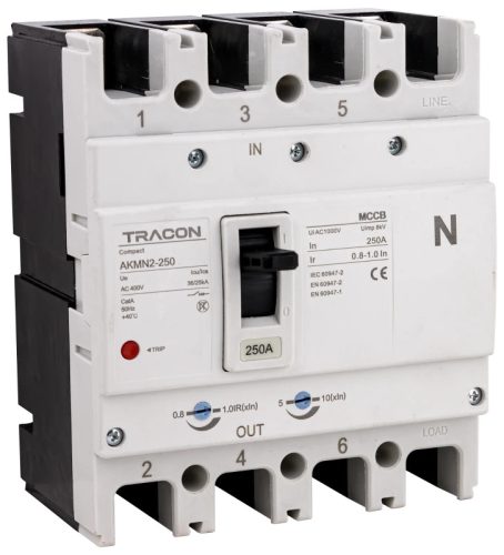 Tracon AKMN2-250 Kompakt megszakító 4P,250A,Ir=(0,8-1,0)In,400/415V, 50/60Hz, Icu=36kA, Ics=25kA