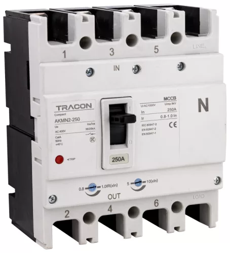 Tracon AKMN2-250 Kompakt megszakító 4P,250A,Ir=(0,8-1,0)In,400/415V, 50/60Hz, Icu=36kA, Ics=25kA