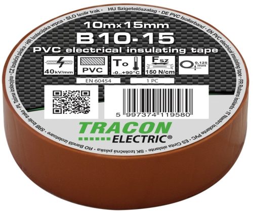 Tracon B10-15, Szigetelőszalag, barna 10m×15mm, PVC, 0-90°C, 40kV/mm