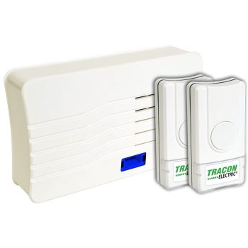   Tracon BELLW2-2V1, Vezeték nélküli csengő, téglalap alakú, 2 adó, 1 vevő 3×AA, 1×CR2032, IP44, 100m, 10 music