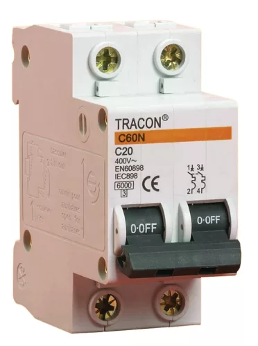 Tracon C60-25-2, Kismegszakító, 2 pólus, C karakterisztika 25A, 6kA