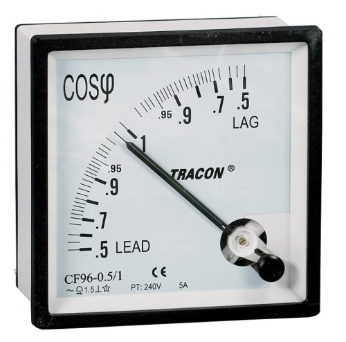 Tracon CF72-0,5/3, Teljesítménytényező mérő, háromfázisú 72×72mm, 400V AC, 0,5