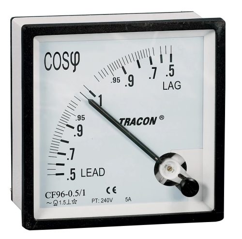 Tracon CF96-0,5/1, Teljesítménytényező mérő, egyfázisú 96×96mm, 240V AC, 0,5