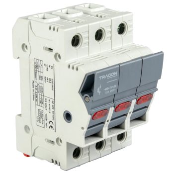   Tracon CFBL3P32 Szakaszolókapcsoló-biztosító hengeres bizt.hoz, maszkolható 32A, 10x38mm, Un=400V/690V, AC22B, 3P, LED