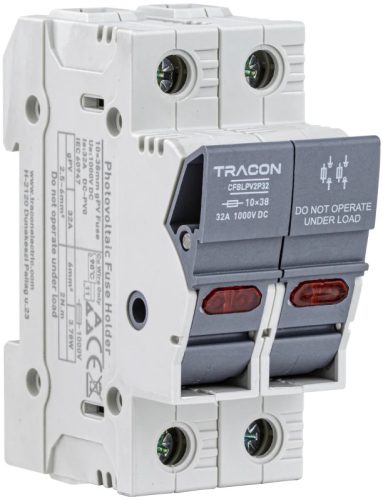 Tracon CFBLPV2P32 Szakaszolókapcsoló-biztosító hengeres bizt.hoz, PV 32A, 10×38, Un=1000VDC, Ui=6kV, 20kA, DC-PV0, IP20, 2P, LED