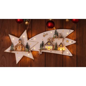   Tracon CHRBSTWW13WW LED karácsonyi csillag tájképpel, fehér, fa, elemes Timer 6+18h,13LED, meleg fehér ( 3000K ) színhőmérséklettel, 2xAA ( CHRBSTWW13WW )