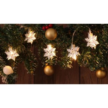   Tracon CHRSTSFWM10WW LED karácsonyi lánc, hópehely,fehér, fém, elemes Timer 6+18h,10LED, meleg fehér ( 3000K ) színhőmérséklettel, 2xAA ( CHRSTSFWM10WW )