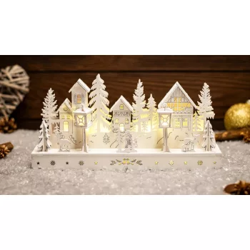   Tracon CHRVILW10WW LED karácsonyi falu, fa, fehér, elemes (X24005), Timer 6+18h, 10LED, 3000K, 2xAA