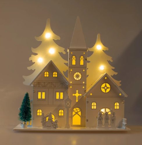 Tracon CHRWHCH10WW LED karácsonyi templom, fa, elemes Timer 6+18h,10LED, meleg fehér ( 3000K ) színhőmérséklettel, 3xAA ( CHRWHCH10WW )