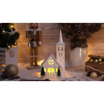   Tracon CHRWHCHW4WW LED karácsonyi templom, fa, fehér, elemes Timer 6+18h,4LED, meleg fehér ( 3000K ) színhőmérséklettel, 3xAA ( CHRWHCHW4WW )