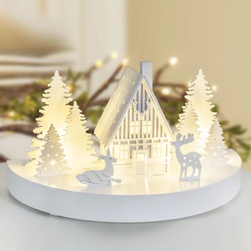 Tracon CHRWHW6WW LED karácsonyi házikó, fa, fehér, elemes Timer 6+18h,6LED, meleg fehér ( 3000K ) színhőmérséklettel, 3xAA ( CHRWHW6WW )