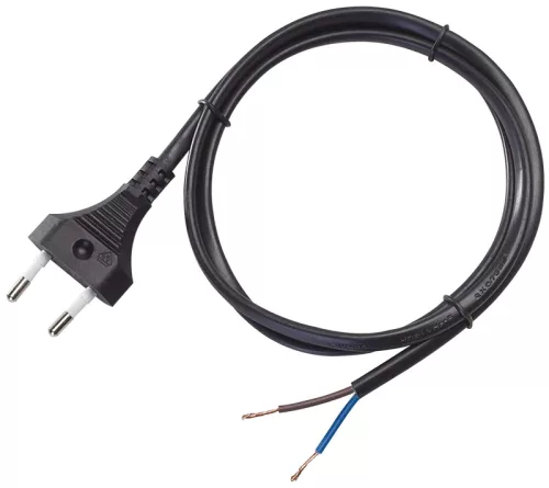 Tracon DVKE2X1.0, Csatlakozódugó (EURO) kábellel, fekete 2×1,0mm2, 2m, 2,5A, 250VAC, H05VVH2-F, 600W