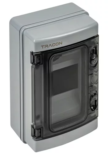 Tracon EDFKIP65N41 Falon kívüli elosztódoboz, átlátszó ajtóval, N/PE sínnel 1×4 mod, H×W×D=210.3×142.8×99.5mm, IP65,1000 VAC, 1500 VDC